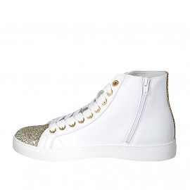 Woman's laced shoe with zipper and removable insole in white and platinum glittered leather wedge heel 3 - Available sizes:  42, 47 2