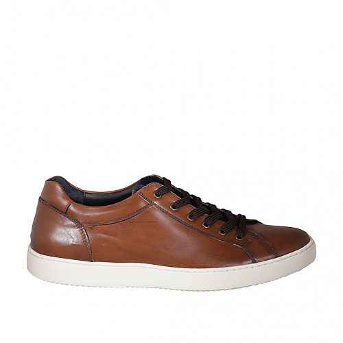 Men's sports shoe with laces in cognac brown leather - Available sizes:  46, 47, 51, 52