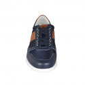 Men's laced sports shoe in blue and cognac brown leather and blue fabric - Available sizes:  51
