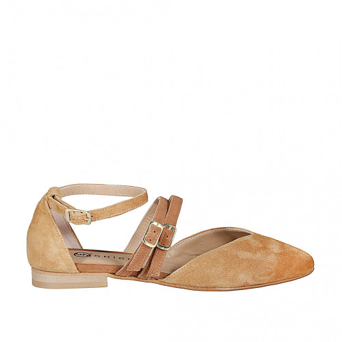 Zapato abierto puntiagudo para mujer con correas en gamuza cognac y marron claro tacon 1 - Tallas disponibles:  35