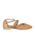 Chaussure ouverte à bout pointu pour femmes avec courroies en daim cognac et marron clair talon 1 - Pointures disponibles:  35