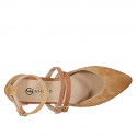 Chaussure ouverte à bout pointu pour femmes avec courroies en daim cognac et marron clair talon 1 - Pointures disponibles:  35