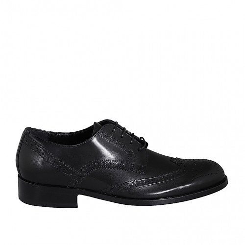 Zapato derby para hombre en piel negra con cordones y decoracion Brogue - Tallas disponibles:  36, 37, 38, 46, 48, 51, 52