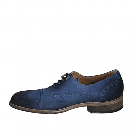 Men's laced derby shoe with Brogue decorations in blue velour suede - Available sizes:  46, 47, 49, 51, 52 2