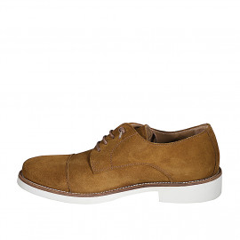 Laced men's sports shoe with captoe in cognac brown suede - Available sizes:  36, 37, 46, 47, 48, 49, 50 2