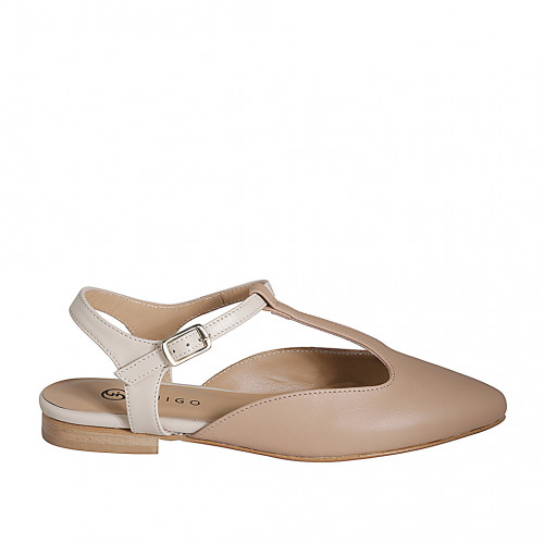Woman's slingback shoe in pink and cream-colored leather with T-strap heel 2 - Available sizes:  35, 43