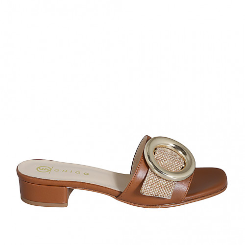 Woman's mules in cognac brown leather and beige raffia with buckle heel 3 - Available sizes:  32, 35, 42, 43