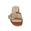 Sabot da donna in pelle color cuoio e rafia beige con fibbia tacco 3 - Misure disponibili: 32, 35, 42, 43