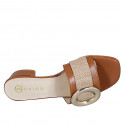 Sabo para mujer en piel cognac y rafia beis con hebilla tacon 3 - Tallas disponibles:  32, 35, 42, 43