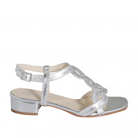 Woman's sandal in silver laminated braided leather heel 3 - Available sizes:  32, 35