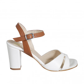 Sandalia para mujer en piel blanca y cognac con cinturon tacon 7 - Tallas disponibles:  35, 43, 45