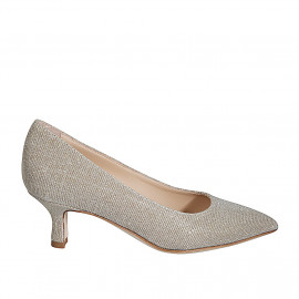 Woman's pointy pump in platinum laminated glittered fabric heel 5 - Available sizes:  32, 35, 44