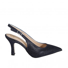 Slingback à bout pointu pour femmes en tissu laminé scintillant bleu talon 7 - Pointures disponibles:  32, 43