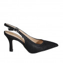 Slingback à bout pointu pour femmes en tissu laminé scintillant noir talon 7 - Pointures disponibles:  34