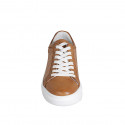 Woman's laced shoe with removable insole in cognac brown leather and braided fabric wedge heel 4 - Available sizes:  42, 44