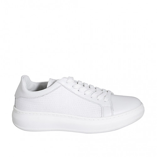 Chaussure à lacets pour femmes avec semelle amovible en cuir et tissu tressé blanc talon compensé 4 - Pointures disponibles:  42, 44