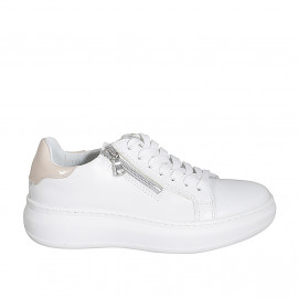 Zapato con cordones, cremallera y plantilla extraible para mujer en piel blanca y charol rosado cuña 4 - Tallas disponibles:  42