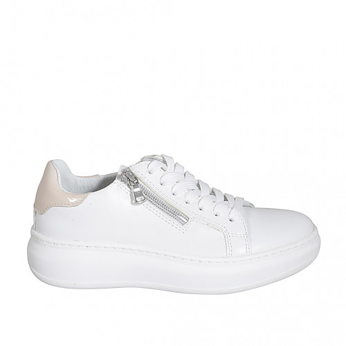 Chaussure pour femmes à lacets avec semelle amovible et fermeture éclair en cuir blanc et cuir verni rose talon compensé 4 - Pointures disponibles:  42