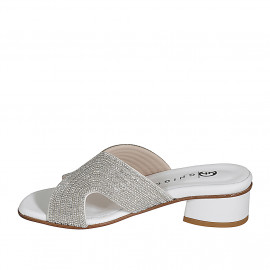 Woman's mules in white leather with rhinestones heel 3 - Available sizes:  42 2