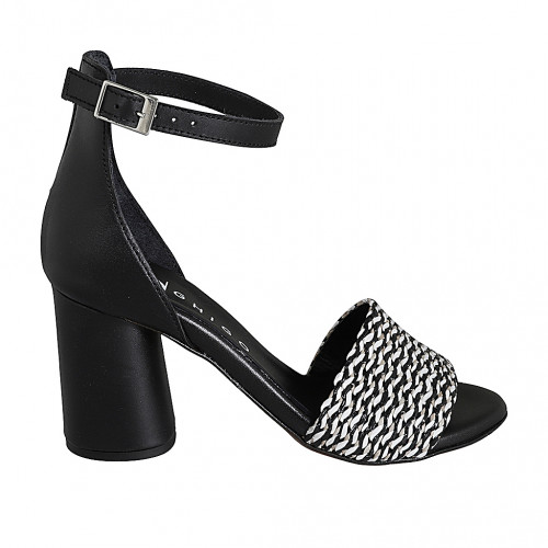 Scarpa aperta da donna con cinturino in pelle nera e rafia bianca e nera tacco 7 - Misure disponibili: 32, 34, 35, 42, 44
