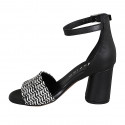 Woman's open shoe with strap in black leather and black and white raffia heel 7 - Available sizes:  32, 34, 35, 42, 44