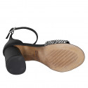 Woman's open shoe with strap in black leather and black and white raffia heel 7 - Available sizes:  32, 34, 35, 42, 44