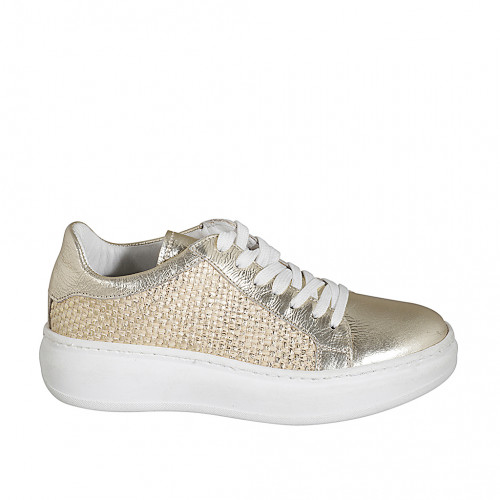 Chaussure à lacets pour femmes avec semelle amovible en cuir laminé et tissu tressé platine talon compensé 4 - Pointures disponibles:  35, 42, 44
