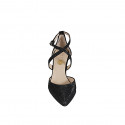 Woman's pointy open shoe with crossed strap in black patent leather and laminated fabric heel 8 - Available sizes:  34, 35, 42, 45