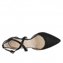 Chaussure ouverte à bout pointu pour femmes avec courroie croisé en cuir verni et tissu laminé noir talon 8 - Pointures disponibles:  34, 35, 42, 45