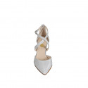 Woman's pointy open shoe with crossed strap in silver laminated leather and glittered fabric heel 8 - Available sizes:  42, 45