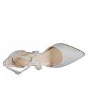 Woman's pointy open shoe with crossed strap in silver laminated leather and glittered fabric heel 8 - Available sizes:  42, 45