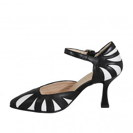 Woman's pointy open shoe with strap in black and white leather heel 8 - Available sizes:  35 2