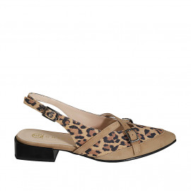 Decolté aperta sul tallone in camoscio beige e maculato con cinturino incrociati tacco 3 - Misure disponibili: 35, 42