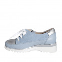 Chaussure pour femmes à lacets avec fermeture éclair en cuir et daim bleu clair y cuir lamé argent talon compensé 4 - Pointures disponibles:  42, 44, 46