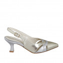 Woman's pointy slingback pump in platinum and silver laminated leather heel 5 - Available sizes:  35, 42, 45, 46