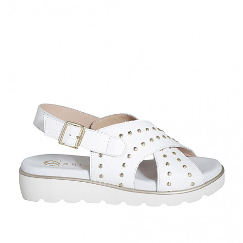 Sandale pour femmes en cuir blanc avec goujons talon compensé 3 - Pointures disponibles:  32, 35, 42