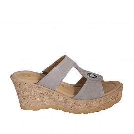 Woman's mules in grey suede with rhinestones, platform and wedge heel 7 - Available sizes:  31
