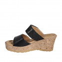 Woman's mules in black leather and laminated suede with velcro strap, platform and wedge heel 7 - Available sizes:  35