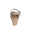 Woman's strap sandal in beige leather and laminated suede with velcro and platform wedge heel 7 - Available sizes:  31, 43