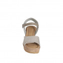 Woman's strap sandal in beige leather and laminated suede with velcro and platform wedge heel 7 - Available sizes:  31, 43