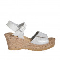 Woman's strap sandal in white leather and silver laminated suede with velcro and platform wedge heel 7 - Available sizes:  31, 35, 42, 45