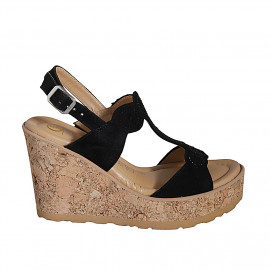Sandalo da donna in camoscio nero con strass, plateau e zeppa 9 - Misure disponibili: 35