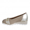 Woman's pump with removable insole and accessory in beige pierced and laminated platinum leather wedge heel 4 - Available sizes:  42