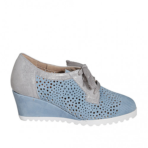 Woman's laced shoe in blue grey pierced suede and silver laminated leather with removable insole wedge heel 6 - Available sizes:  44