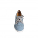 Woman's laced shoe in blue grey pierced suede and silver laminated leather with removable insole wedge heel 6 - Available sizes:  44