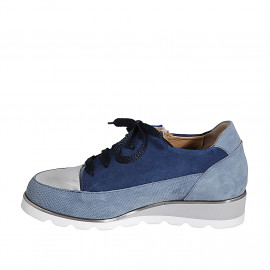 Scarpa stringata da donna con plantare estraibile e cerniera in camoscio azzurro e blu e pelle laminata argento zeppa 3 - Misure disponibili: 35 2