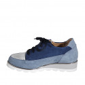Woman's laced shoe with removable insole and zipper in blue and light blue suede and silver laminated leather wedge heel 3 - Available sizes:  35