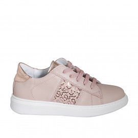 Chaussure à lacets avec semelle amovible et paillettes pour femmes en cuir rose et laminé cuivre talon compensé 3 - Pointures disponibles:  32, 33, 35