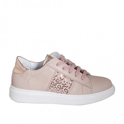 Zapato para mujer con cordones, lentejuelas y plantilla extraible en piel rosada y laminada cobrizo cuña 3 - Tallas disponibles:  32, 33, 35