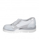 Woman's laced shoe with zippers in white leather and silver laminated leather wedge heel 4 - Available sizes:  42, 44